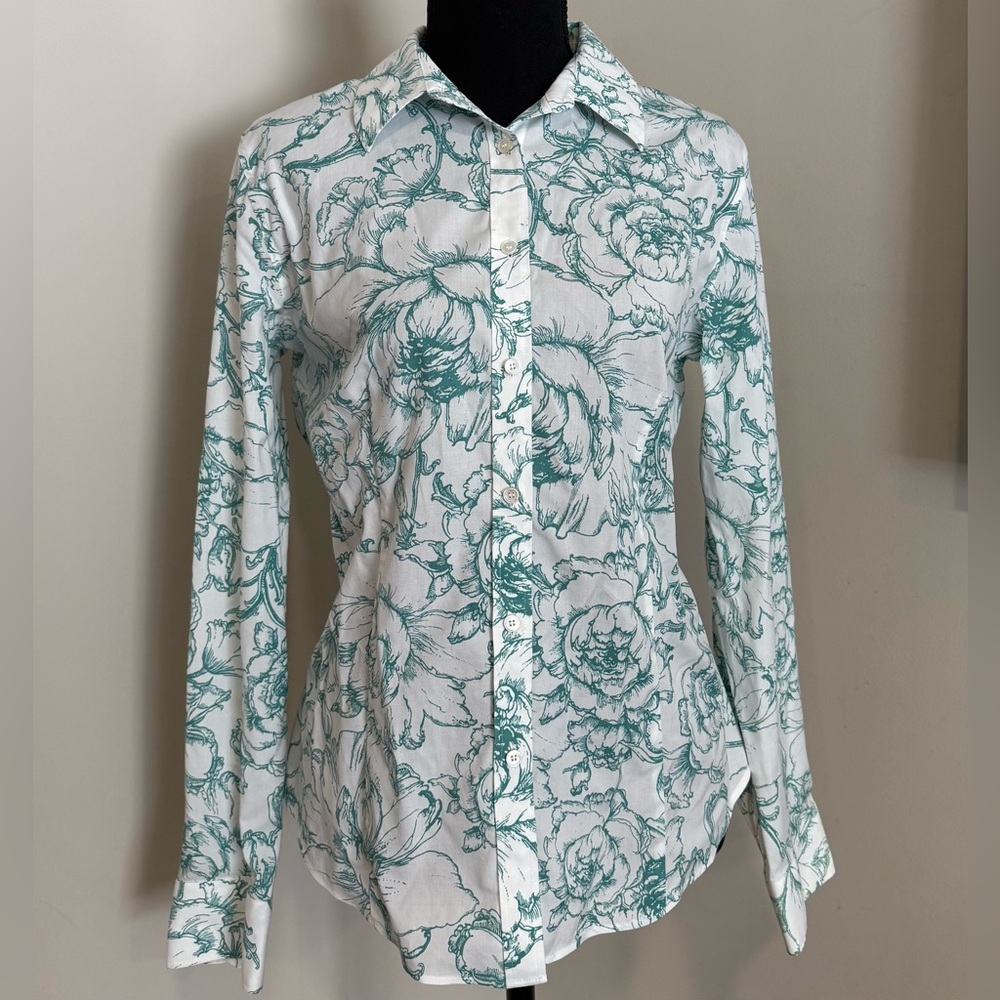Talbots Green Floral Wrinkle Resistant Button-Down Shirt